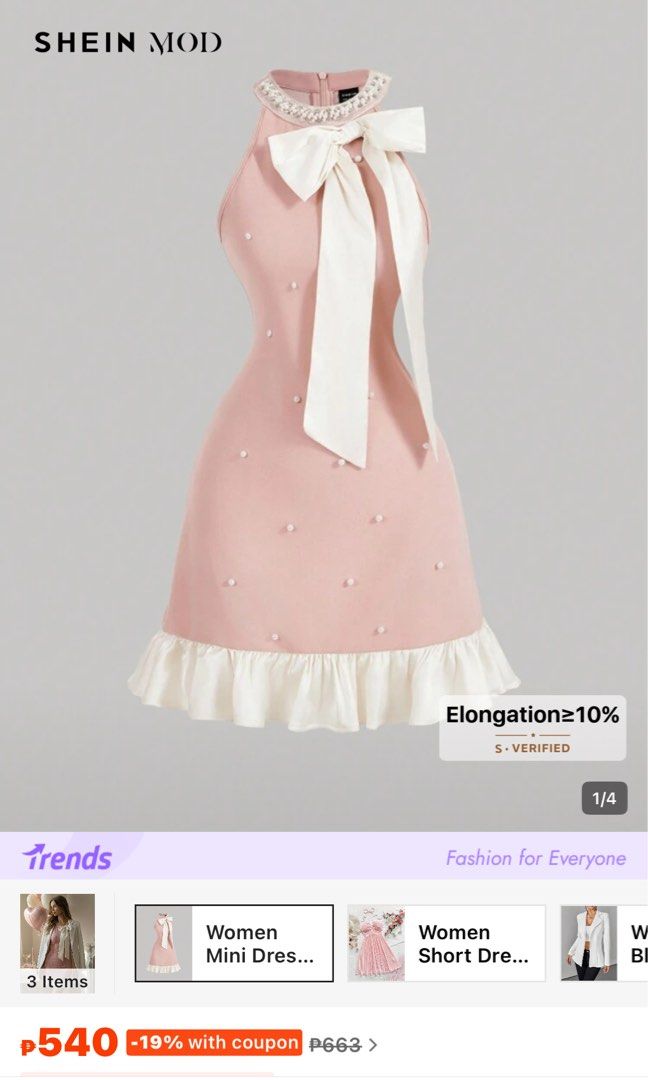 SHEIN Pink Mini Dress with Bow (Category: Dresses) located in Quezon City. Submitted by leonara (Listing ID 1438750907, Image 1). Description: - SHEIN mini dress - Pink color - Halter neckline - White bow detail - Adorned with small pearls - FOR RENT .