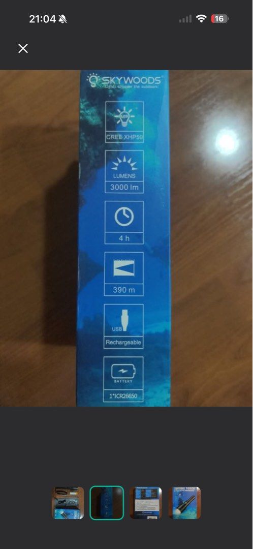 Skywoods Range D6S Pro Diving Torch (Category: Other Sports Equipment and Supplies) located in Singapore. Submitted by bbtstar (Listing ID 1438838336, Image 3). Description: Brand new Skywoods Range D6S Pro diving torch. Features 3000 lumens, 390m beam distance, and is rechargeable. Includes torch, battery, USB cable, and accessories. Perfect for underwater adventures!.