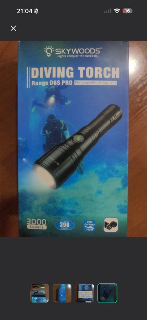 Skywoods Range D6S Pro Diving Torch (Category: Other Sports Equipment and Supplies) located in Singapore. Submitted by bbtstar (Listing ID 1438838336, Image 1). Description: Brand new Skywoods Range D6S Pro diving torch. Features 3000 lumens, 390m beam distance, and is rechargeable. Includes torch, battery, USB cable, and accessories. Perfect for underwater adventures!.