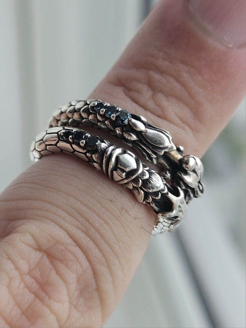 Stackable Silver Rings - Bloody Mary Japan - Size 7.25 (Category: Luxury Accessories) located in Makati City. Submitted by JoleTea (Listing ID 1438494116, Image 3). Description: Two sterling silver rings by Bloody Mary. They are from the Kai collection. The Dragon ring has 3 blue sapphires The Snake Ouroboros ring has 3 black diamonds They are a couple of my favorite rings. Intricate details are inspired by mythology. The jewels give them a subtl