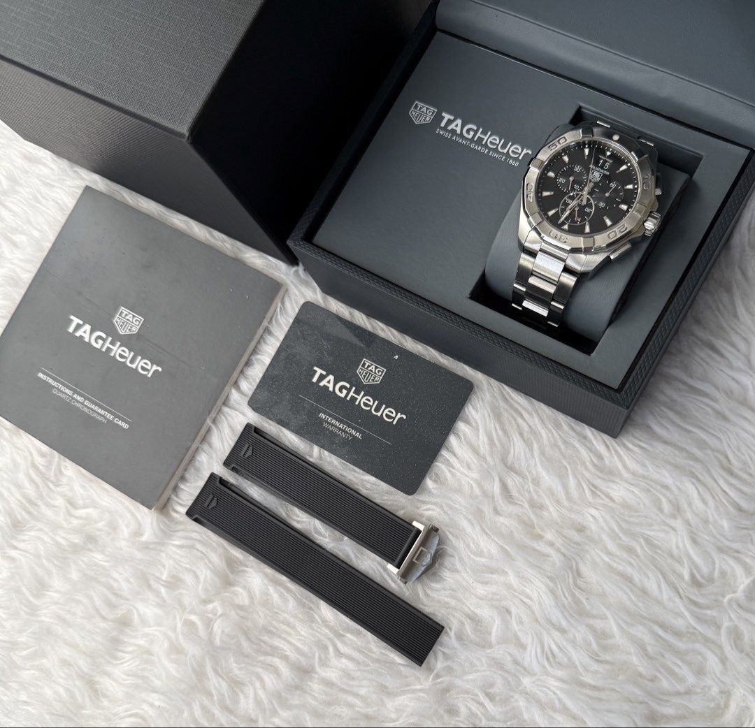 Tag Heuer Aquaracer Chronograph (Category: Luxury Watches) located in Quezon City. Submitted by pedro_demain (Listing ID 1438796544, Image 2). Description: Tag heuer Aquaracer Cay1110 model 43mm quartz With box,manual ,warranty card & extra link 9/10 condition Qc & Bgc area 09955225741.
