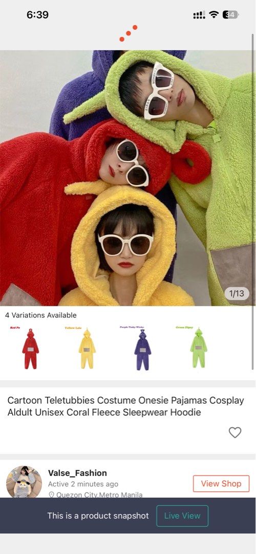 Teletubbies Costume Onesie Pajamas (Category: Coats, Jackets and Outerwear) located in Manila. Submitted by randompreloved.stuff29 (Listing ID 1438800014, Image 2). Description: - Teletubbies onesie pajamas - Dipsy (Green) - Made from cozy coral fleece - Features a hood and front pocket - Adult size - Perfect for cosplay or as sleepwear.