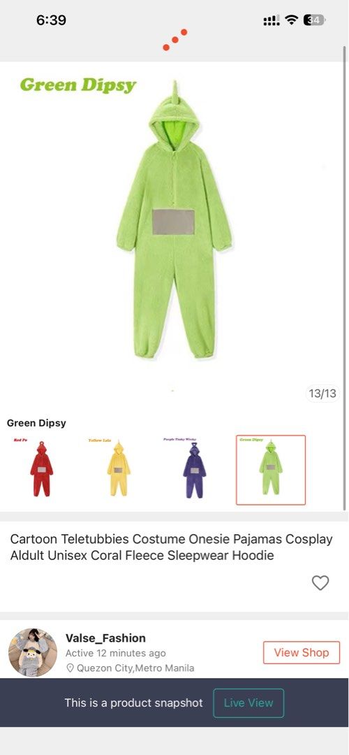 Teletubbies Costume Onesie Pajamas (Category: Coats, Jackets and Outerwear) located in Manila. Submitted by randompreloved.stuff29 (Listing ID 1438800014, Image 1). Description: - Teletubbies onesie pajamas - Dipsy (Green) - Made from cozy coral fleece - Features a hood and front pocket - Adult size - Perfect for cosplay or as sleepwear.
