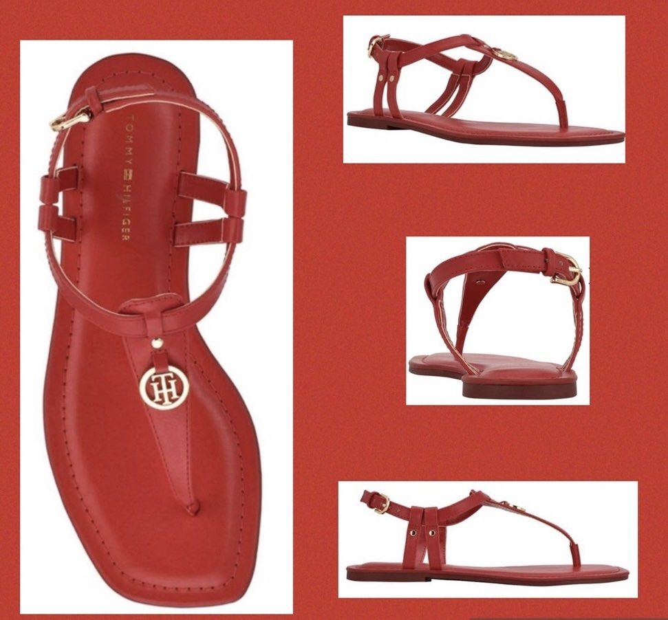 Tommy Hilfiger Jerika Red Thong Sandals (Category: Flats & Sandals) located in Cagayan de Oro. Submitted by cristine.s (Listing ID 1438708098, Image 1). Description: Red Tommy Hilfiger Thongs Sandals Model: Jerika Size: US 7 New from US retails $89 USD; never worn ❗️With flaw: Slight chipped off in the toe strap. See last photo posted. Not noticeable when worn. Design: T-strap with gold-tone logo Closure: Buckle for adjustable fit like zara mango