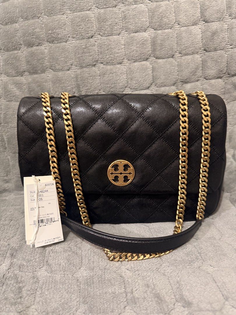 Tory Burch Willa Shoulder Bag in Black (Category: Luxury Bags & Wallets) located in Quezon City. Submitted by loveikit (Listing ID 1438796255, Image 1). Description: Color: Black with gold hardware Comes with original tags Brand new complete with dust bag and paper bag Bought in Japan (Tory Burch Outlet Store).