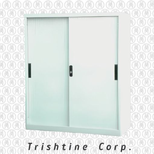 TSCAB-028 | Steel Sliding Door Drawer (Category: Shelves, Cabinets & Racks) located in Caloocan City. Submitted by trishtine_jim9 (Listing ID 1438722097, Image 1). Description: - White sliding door cabinet - Features two sliding doors - Black handles - Rectangular shape - Made of metal - Brand: "Trishtine Corp." DISCLAIMER: Price is for Posting Purposes Only.