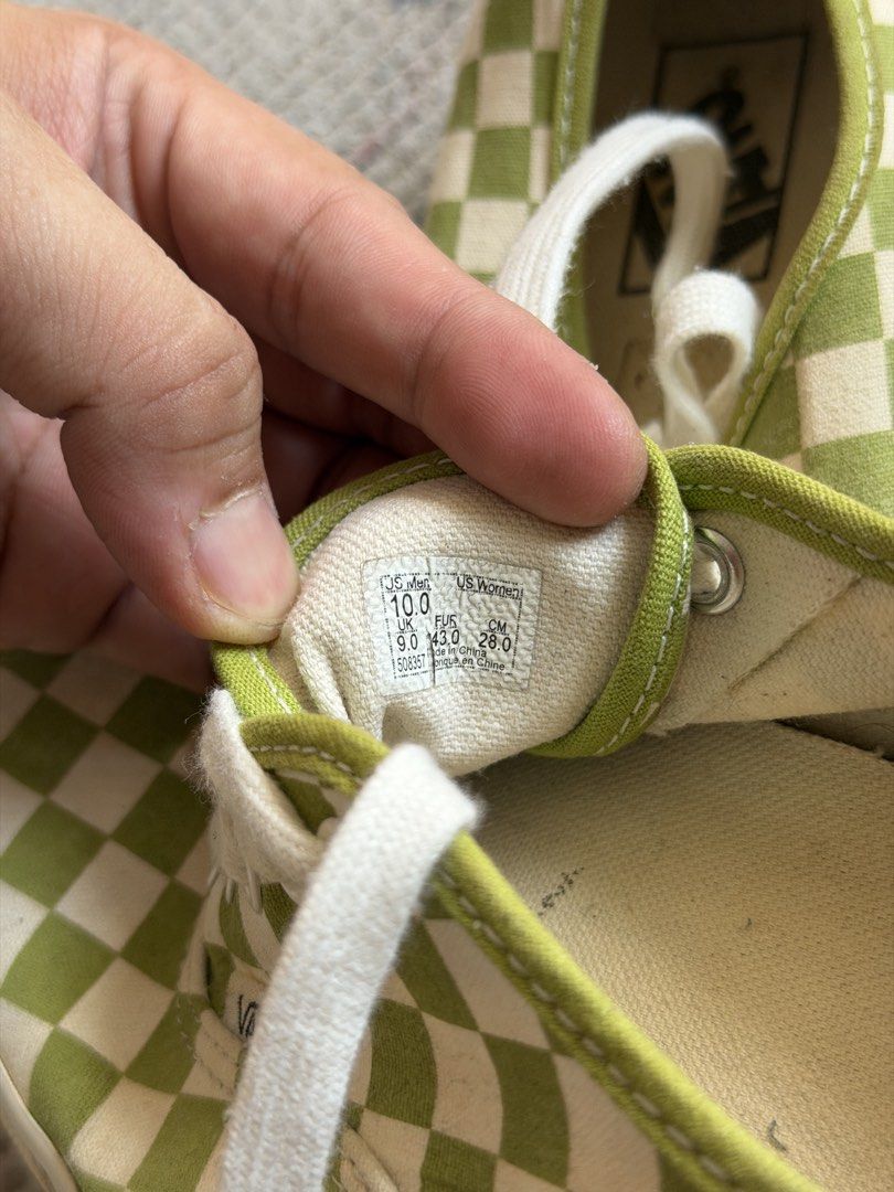 Vans Checkerboard Green Sneakers US10 (Category: Sneakers) located in Makati City. Submitted by sixfeettall (Listing ID 1438719074, Image 3). Description: 100% Authentic Vans Made in China Men’s US 10.0 Vans Authentic / Sturdy canvas upper featuring a classic vulcanized rubber midsole and waffle grip profile. The Authentic is the blueprint that started it all—originally known as the Vans #44 deck shoe when the Van Doren brothers first opened thei