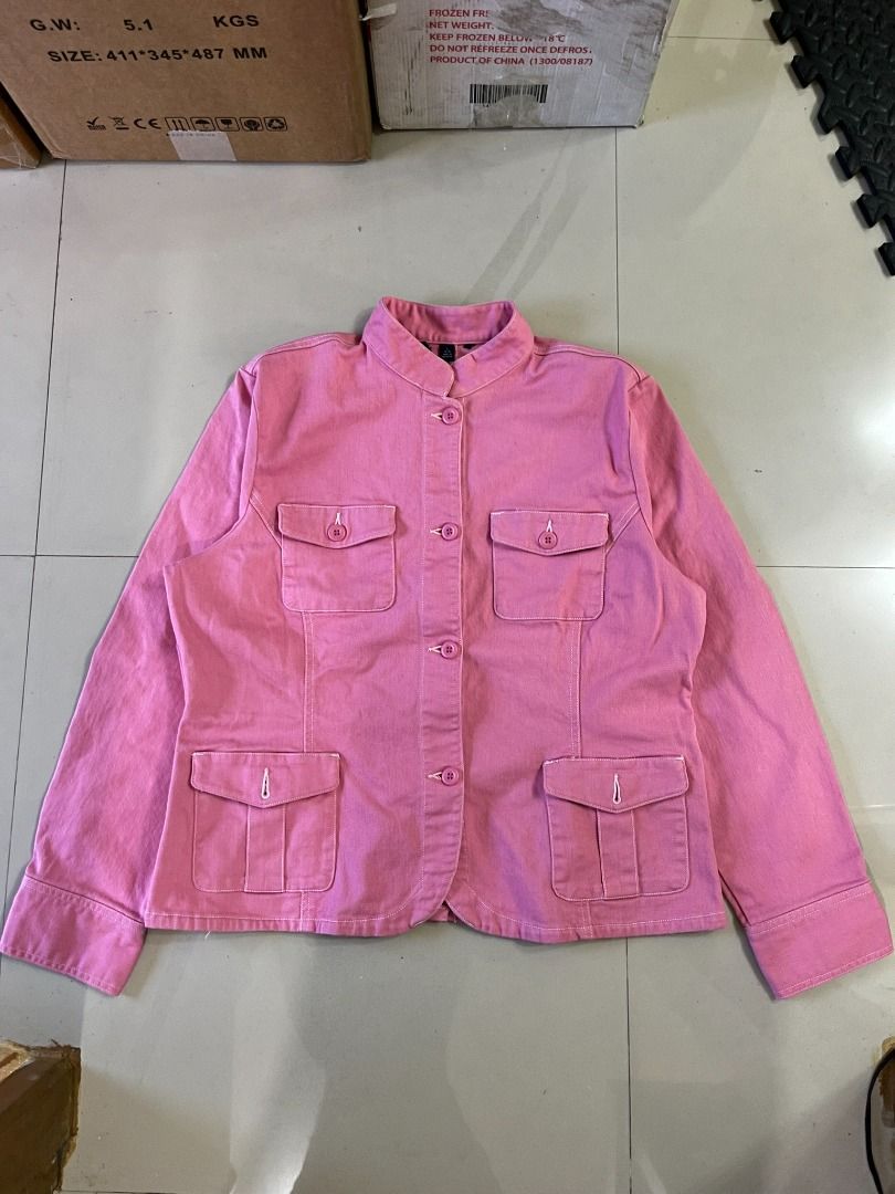 Vintage Pink Contrast Stitch Utility Field Jacket (Category: Coats, Jackets and Outerwear) located in Nagcarlan. Submitted by freshfrompast (Listing ID 1438808933, Image 1). Description: This vibrant pink utility-style field jacket offers a great blend of structured design and casual flair. Crafted from a durable, denim-like cotton fabric, it stands out with sharp white contrast stitching along all the seams, pockets, and buttonholes. It features