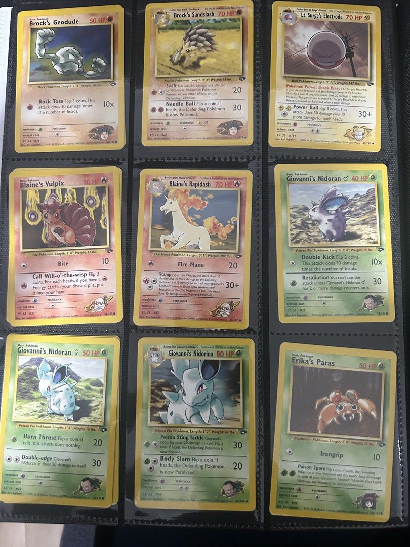 Vintage Pokemon Card Collection - Gym Heroes/Gym Challenge (Category: Toys & Games) located in Singapore. Submitted by xingyong (Listing ID 1438862908, Image 2). Description: PRICE IS A PLACEHOLDER All binder conditions ranging from LP - DMG. Have duplicates and mixture of first ed/unlimited for certain cards. DM to enquire and require for more photos. Will refer to 1-1 PriceCharting prices and lower based on condition. Open to selling full binde