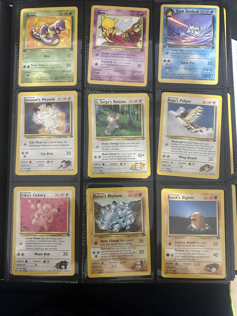 Vintage Pokemon Card Collection - Gym Heroes/Gym Challenge (Category: Toys & Games) located in Singapore. Submitted by xingyong (Listing ID 1438862908, Image 1). Description: PRICE IS A PLACEHOLDER All binder conditions ranging from LP - DMG. Have duplicates and mixture of first ed/unlimited for certain cards. DM to enquire and require for more photos. Will refer to 1-1 PriceCharting prices and lower based on condition. Open to selling full binde