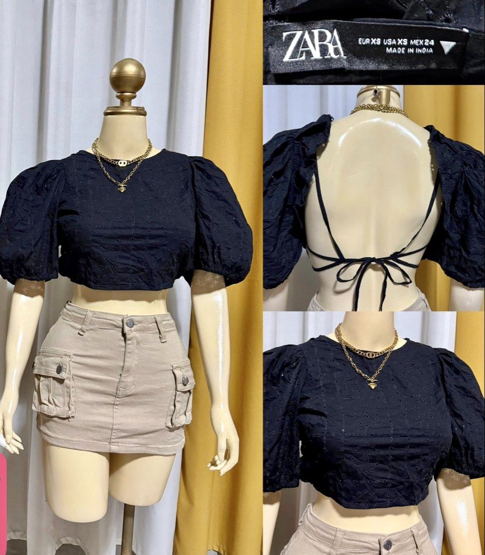 Zara Black Crop Top (Category: Sleeveless) located in Cebu City. Submitted by styleoptions (Listing ID 1438876400, Image 1). Description: - Zara black crop top - Size: XS - Features: - Puff sleeves - Tie-back design - Round neckline - Made in India.
