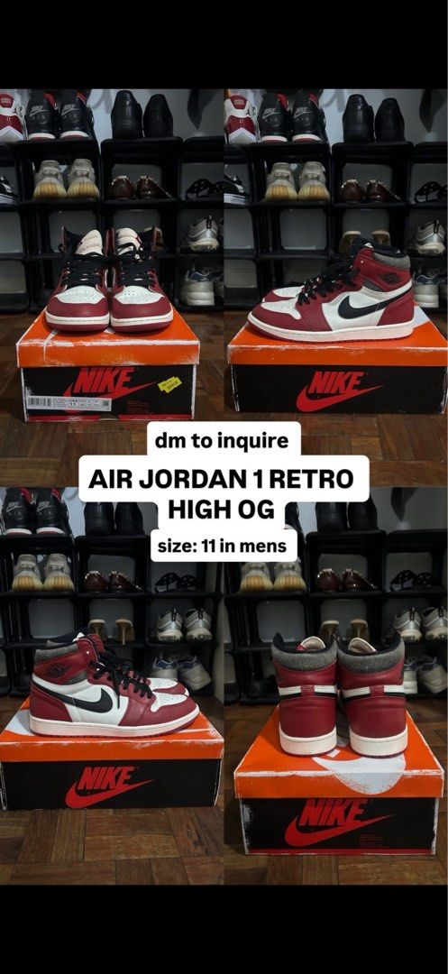 Air Jordan 1 Retro High OG - Size 11 (Category: Sneakers) located in Paranaque City. Submitted by clxsetfinds.co (Listing ID 1435557420, Image 1). Description: - Air Jordan 1 Retro High OG - stock x price = 416.00 x 59 = 24,544 - Size: 11 (Men's) - Colorway: Red, Black, and White - Comes with original Nike box - Message to inquire.