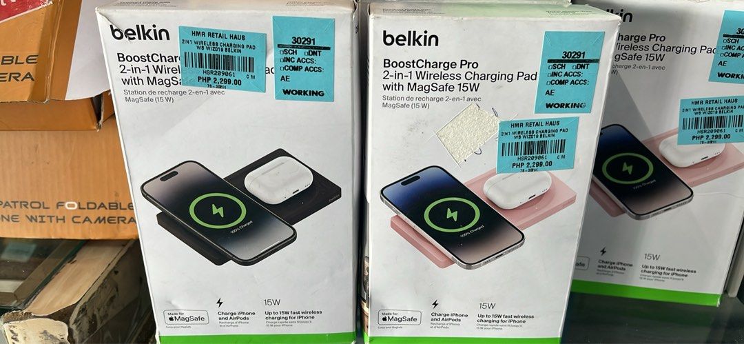 Belkin BoostCharge Pro 2-in-1 Wireless Charging Pad (Category: Chargers & Cables) located in Manila. Submitted by prittielei (Listing ID 1435528678, Image 1). Description: - Belkin BoostCharge Pro 2-in-1 Wireless Charging Pad - Charges iPhone and AirPods simultaneously - Features MagSafe for iPhone - Provides up to 15W fast wireless charging - Convenient and efficient charging solution.