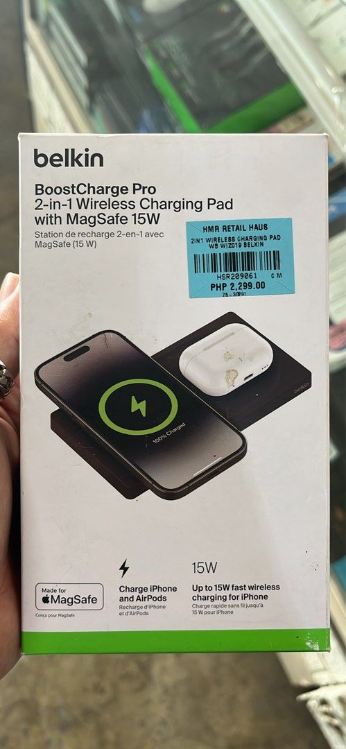 Belkin BoostCharge Pro 2-in-1 Wireless Charging Pad (Category: Chargers & Cables) located in Manila. Submitted by prittielei (Listing ID 1435528678, Image 2). Description: - Belkin BoostCharge Pro 2-in-1 Wireless Charging Pad - Charges iPhone and AirPods simultaneously - Features MagSafe for iPhone - Provides up to 15W fast wireless charging - Convenient and efficient charging solution.