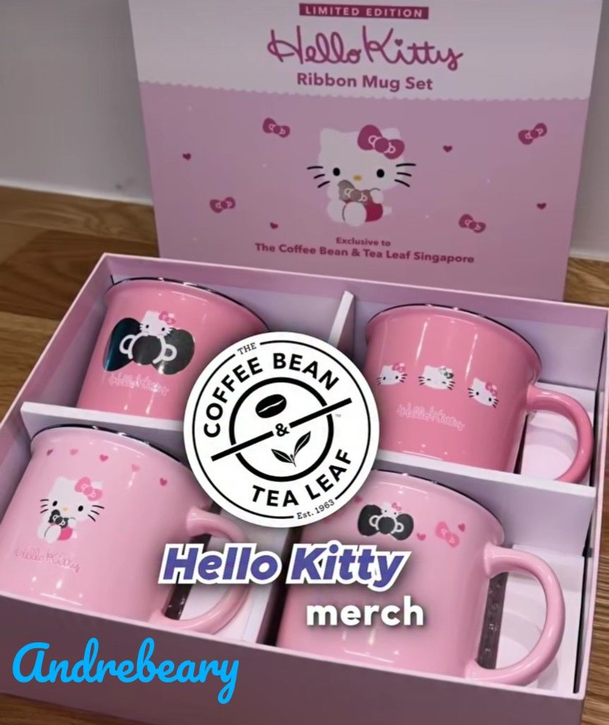 BN Brand New Authentic Sanrio Hello Kitty Ribbon 4 pcs pieces Mug Mugs Set Coffee Bean & Tea Leaf Singapore Limited Edition