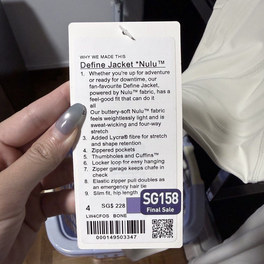 BNWT Define Jacket (Category: Activewear) located in Singapore. Submitted by claudia3333 (Listing ID 1435546221, Image 2). Description: BWNT lululemon Define Jacket Got it at $158, letting go at $130.