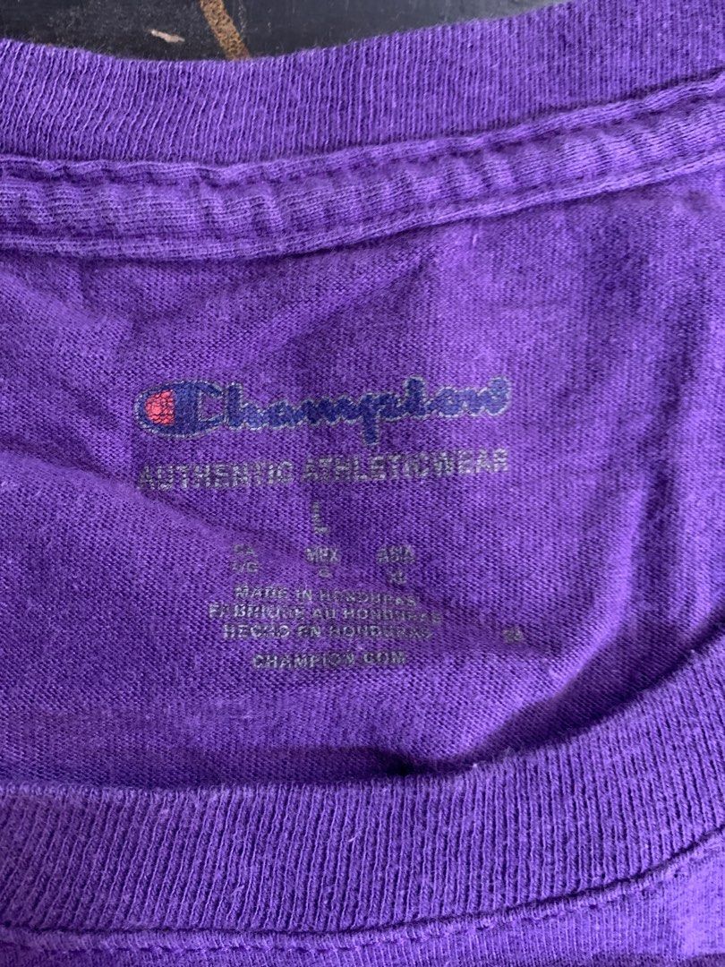 Champion Purple T-shirt (Category: Tshirts & Polo Shirts ) located in Baguio. Submitted by brix6699 (Listing ID 1435591814, Image 3). Description: - Purple Champion T-shirt - Champion logo on front - Small Champion logo on sleeve - Size: L - Made in Honduras -Dimension Length 28 inches Width 20.5 inches .