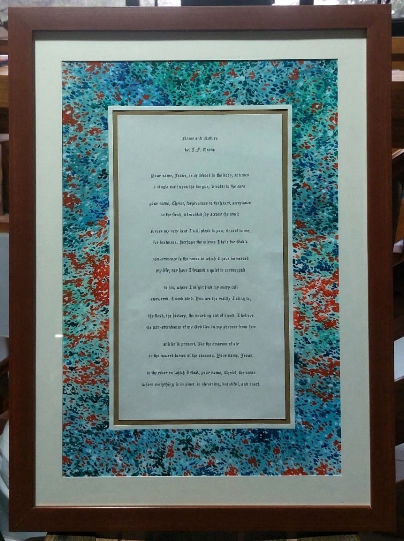 Commission - Framed Poetry, Quotes, Prayer (Category: Art & Prints) located in Baguio. Submitted by kaipldn (Listing ID 1435627292, Image 1). Description: COMMISSIONS OPEN for framed poetry, quotes, prayer, and others. - Mixed media, primarily watercolor - Handwritten calligraphy Paper size options and minimum pricing (excluding framing): - B5 or 6.9 x 9.8 inches: Php 1,200 - A4 or 8.27 x 11.69 inches: Php 1,600 - A3 or 11.69 x 16.54 inches: Php 