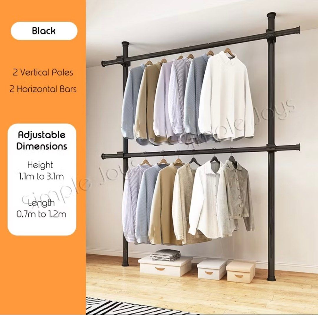 Floor to ceiling adjustable clothes hanging rack - 2 levels