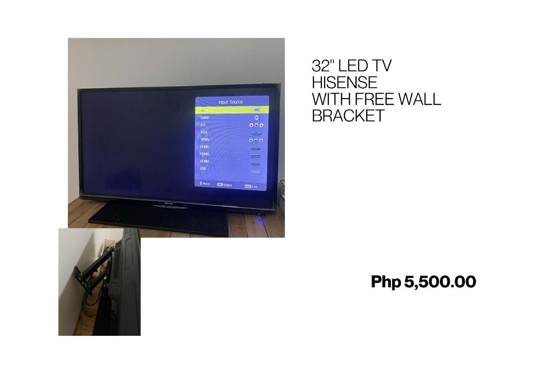 Hisense 32" LED TV with Wall Bracket (Category: TV) located in Quezon City. Submitted by jessica.g.abadilla (Listing ID 1435541456, Image 1). Description: - 32" Hisense LED TV - Includes a free wall bracket - Price: PHP 5,500.00.