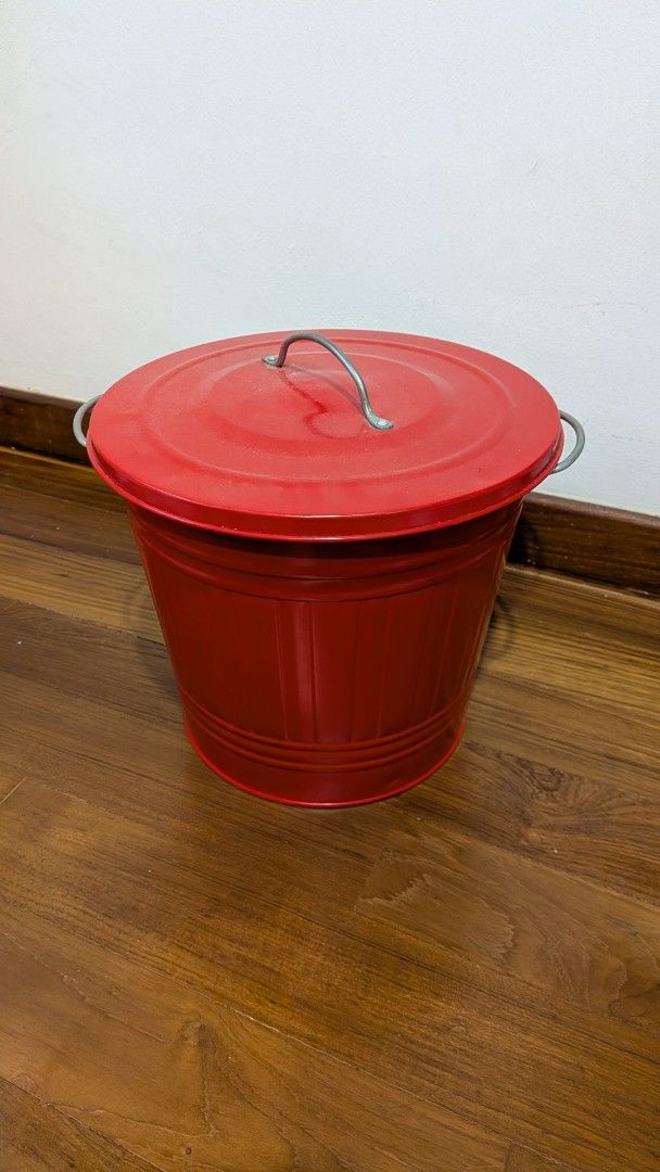IKEA red metal bin with lid