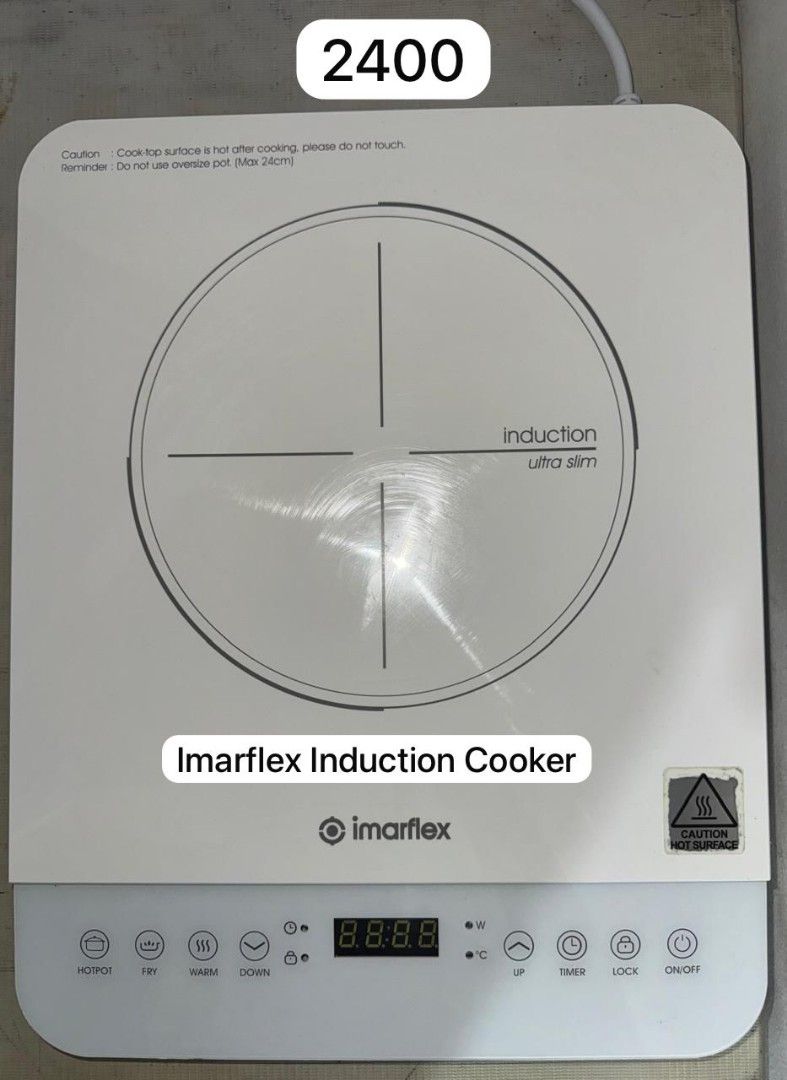 Imarflex Ultra Slim Induction Cooker (Category: Cookers) located in Manila. Submitted by prettyfindsss (Listing ID 1435593462, Image 1). Description: Location: Sampaloc, Manila (Near UST) QUICK SPECS: Brand/Model: Imarflex Ultra Slim Condition: Excellent, very clean glass surface. Features: Multiple cooking modes (Hotpot, Fry, Warm), built-in timer, lock function, and digital display. Advantage: Ultra-slim design—perfect for dorms or small condo 