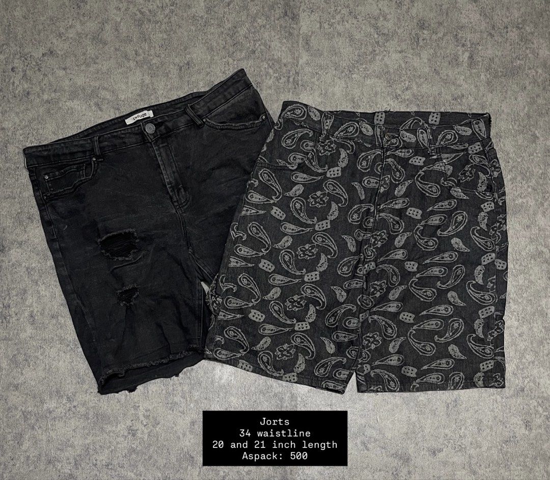 Jorts - 34 Waistline (Category: Shorts) located in Sorsogon. Submitted by vanbercs (Listing ID 1435623212, Image 1). Description: - Jorts - Size 34 Waistline - Includes two pairs - One black denim with distressed details - One with paisley design -20 and 21 inch length .