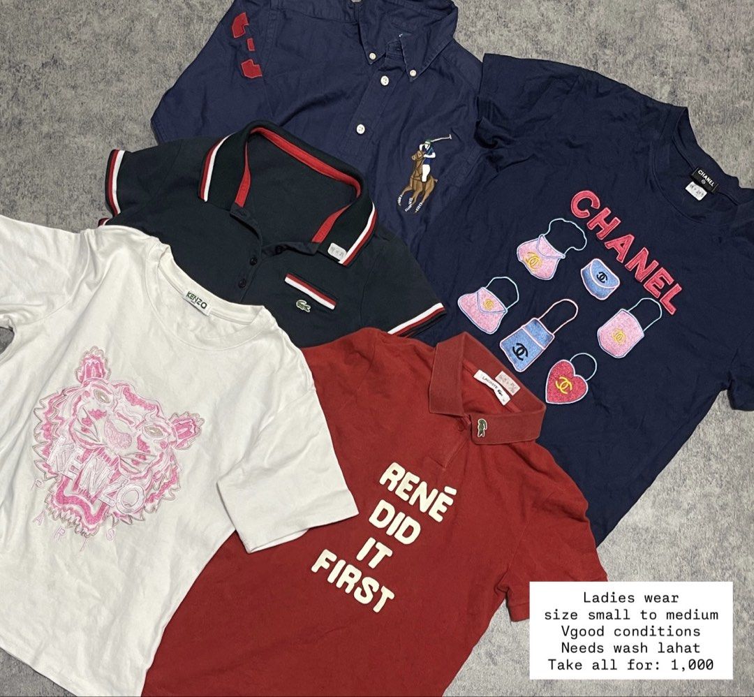 Ladies Wear take all - Small to Medium (Category: Others Tops) located in Sorsogon. Submitted by vanbercs (Listing ID 1435623105, Image 1). Description: - Ladies' wear bundle, sizes Small to Medium - Includes various tops: polo shirts, t-shirts - Featuring brands like Chanel, Lacoste, and Kenzo - All items require washing - Selling the entire bundle for ₱1,000.