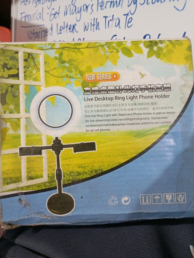 Live Desktop Ring Light Phone Holder (Category: Lighting & Studio Equipment) located in Manila. Submitted by firejoule (Listing ID 1435644307, Image 1). Description: - Perfect for live streaming, video recording, and photography. - Ideal for conference calls, makeup, and broadcast platforms. - Features intelligent control and poleless dimming. - Controls for light up, light temperature, and light down. - USB chargeable for convenient use..