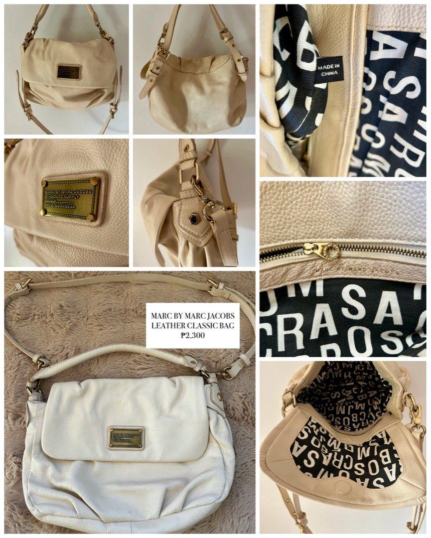 Marc by Marc Jacobs Leather Classic Bag (Category: Luxury Bags & Wallets) located in Legazpi City. Submitted by jjacob_018 (Listing ID 1435668162, Image 1). Description: - Authentic Marc by Marc Jacobs bag - Cream leather exterior - Gold-tone hardware - Black and white logo print lining - Top handle and detachable shoulder strap - With inner zipper closure - Front flap with magnetic snap.