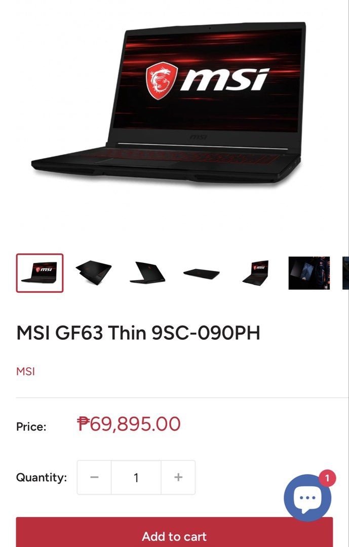 MSI GF63 Thin 9SC Gaming Laptop (Category: Laptops & Notebooks) located in Angono. Submitted by xxxallaboutbagsxxx (Listing ID 1435641082, Image 1). Description: - MSI GF63 Thin 9SC-090PH gaming laptop - Sleek black design with MSI logo - Red backlit keyboard - Powered by Intel Core i5 processor - Equipped with NVIDIA GeForce GTX 16 series graphics - Displays a game interface - Original Price: ₱69,895.00.