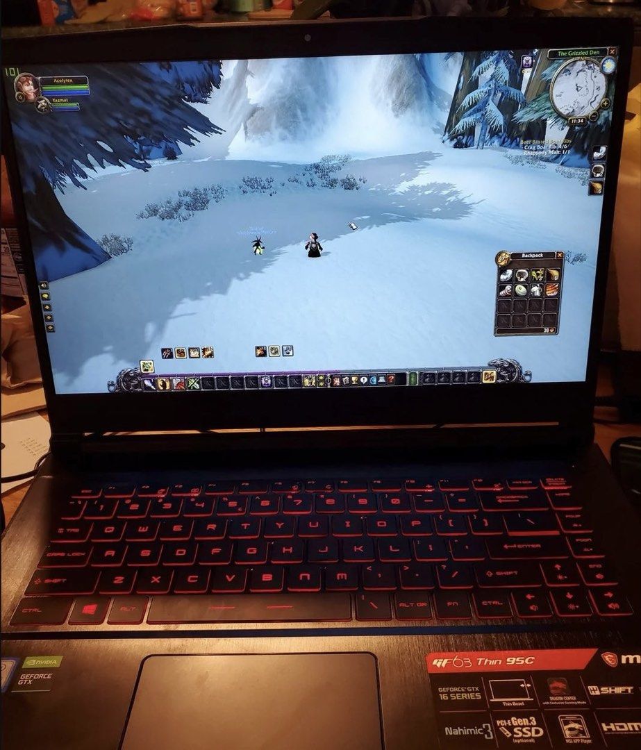 MSI GF63 Thin 9SC Gaming Laptop (Category: Laptops & Notebooks) located in Angono. Submitted by xxxallaboutbagsxxx (Listing ID 1435641082, Image 2). Description: - MSI GF63 Thin 9SC-090PH gaming laptop - Sleek black design with MSI logo - Red backlit keyboard - Powered by Intel Core i5 processor - Equipped with NVIDIA GeForce GTX 16 series graphics - Displays a game interface - Original Price: ₱69,895.00.