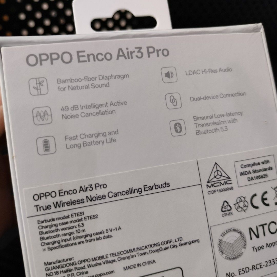 OPPO Enco Air3 Pro Earbuds (Category: Earphones) located in Calamba. Submitted by declutterbyadj (Listing ID 1435580484, Image 2). Description: Brand new OPPO Enco Air3 Pro earbuds. Sealed and unused. RFS: Got this as a freebie. Decluttering and need extra cash..