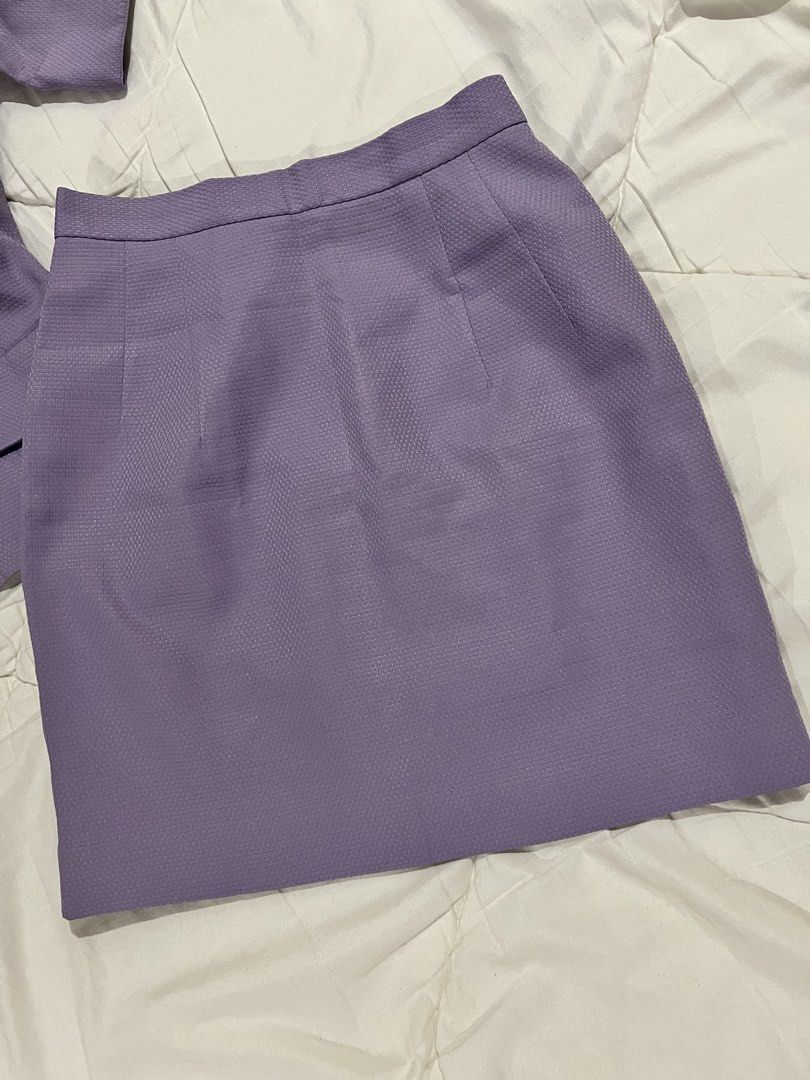 Pastel Purple Skirt Suit Coordinates (Category: Skirts) located in Dagupan City. Submitted by secondhandbyg (Listing ID 1435642498, Image 3). Description: - Short-sleeved blazer with three buttons. Front pockets are not functional, for design only. Size: XS - S - Pencil skirt. Size: W - 25 in, L - 17 in - RFS: Decluttering MOP: GoTyme, MariBank MOD: J&T Direct only.