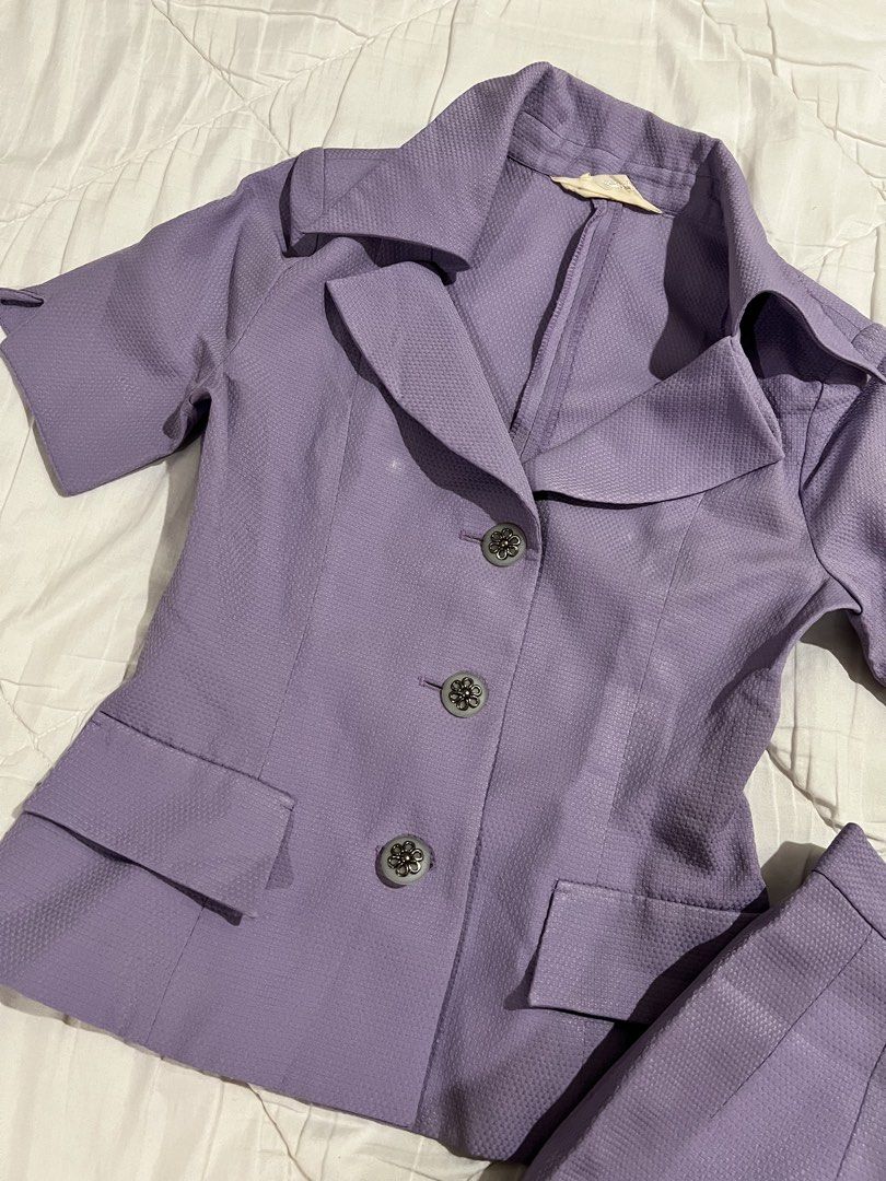 Pastel Purple Skirt Suit Coordinates (Category: Skirts) located in Dagupan City. Submitted by secondhandbyg (Listing ID 1435642498, Image 2). Description: - Short-sleeved blazer with three buttons. Front pockets are not functional, for design only. Size: XS - S - Pencil skirt. Size: W - 25 in, L - 17 in - RFS: Decluttering MOP: GoTyme, MariBank MOD: J&T Direct only.