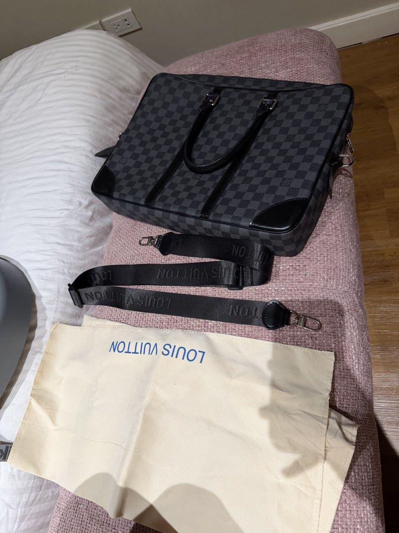Premium replica Louis Vuitton Graphite Damier Briefcase (Category: Luxury Bags & Wallets) located in Makati City. Submitted by inezlebron (Listing ID 1435686444, Image 2). Description: - premium replica Louis Vuitton briefcase - Graphite Damier canvas - Top handle and detachable shoulder strap - Zip closure - Includes dust bag and luggage tag - Multiple interior compartments.