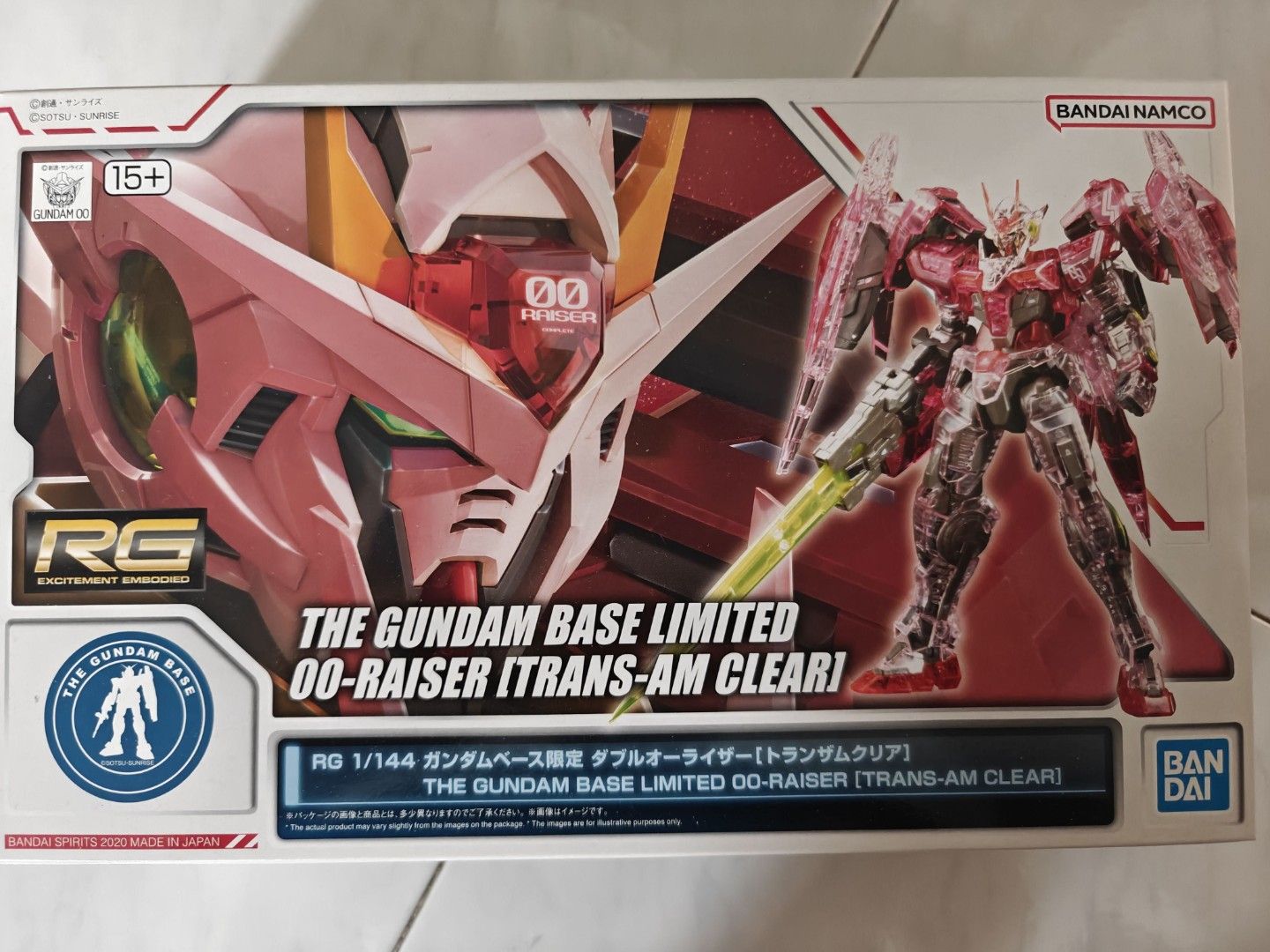 RG 1/144 Gundam Base Limited 00 Raiser Trans-Am Clear (Category: Gundam Model Kits) located in Singapore. Submitted by cjyd_90 (Listing ID 1435575775, Image 1). Description: - Brand new, unopened RG 1/144 Gundam Base Limited 00 Raiser Trans-Am Clear model kit. .