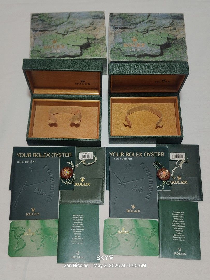 Rolex datejust 16234 box set 2005 (Category: Luxury Watches) located in Quezon City. Submitted by sky_sale (Listing ID 1435610376, Image 1). Description: - Authentic Rolex Oyster watch box set. - Includes: - Two original boxes - Booklets - Warranty cards - Rolex seal - Documentation date: 5.2005 - Serial number: F996391.