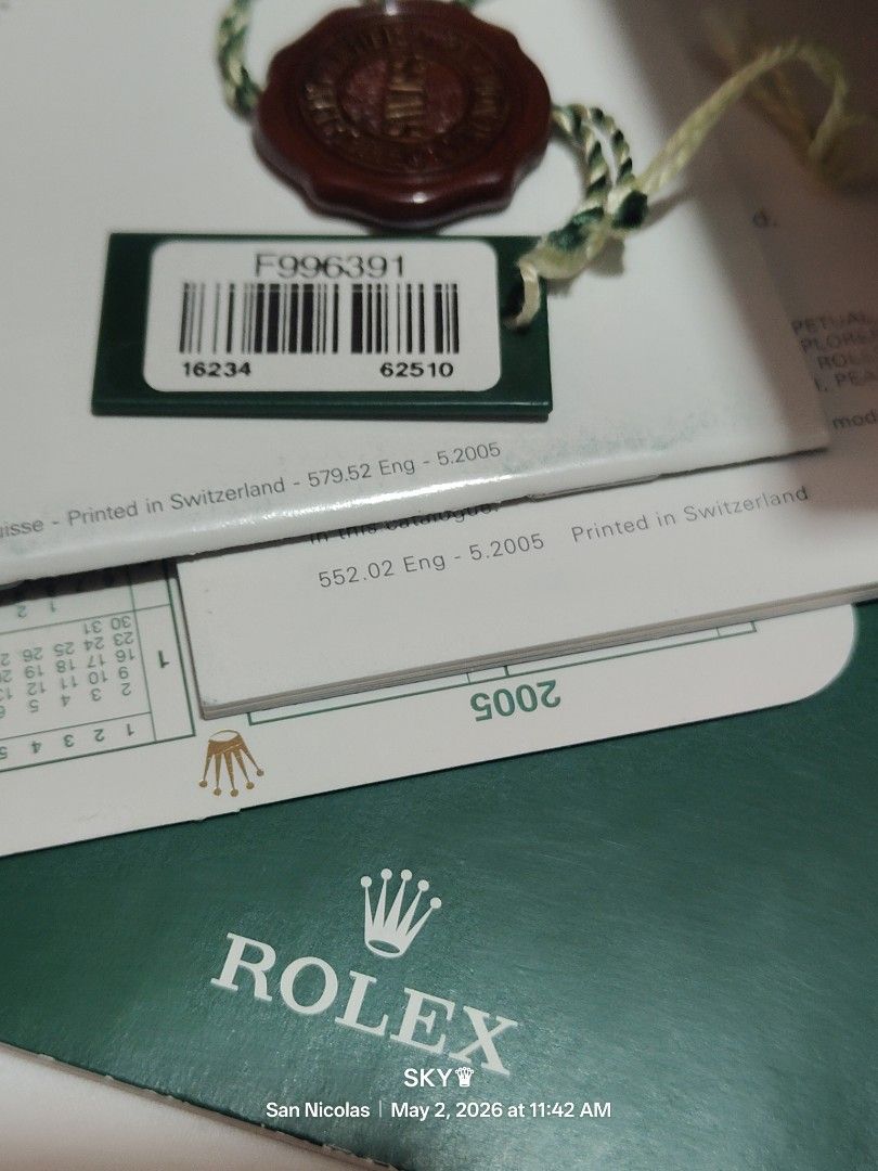 Rolex datejust 16234 box set 2005 (Category: Luxury Watches) located in Quezon City. Submitted by sky_sale (Listing ID 1435610376, Image 2). Description: - Authentic Rolex Oyster watch box set. - Includes: - Two original boxes - Booklets - Warranty cards - Rolex seal - Documentation date: 5.2005 - Serial number: F996391.