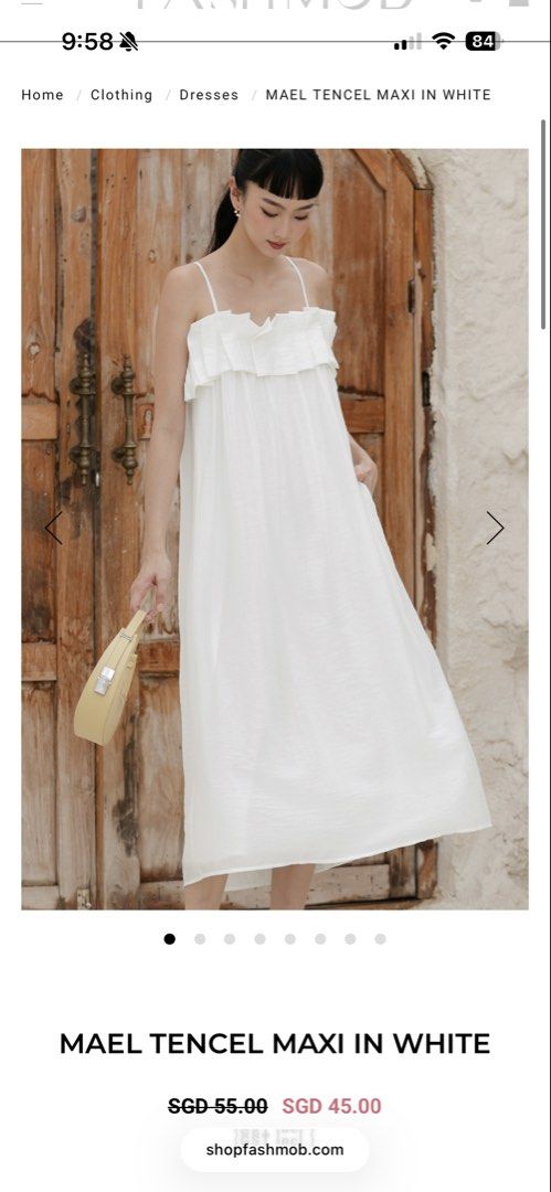 SELL ONLY FASHMOB Mael Tencel Maxi Dress in White (Category: Dresses) located in Singapore. Submitted by oncloudten (Listing ID 1435663749, Image 1). Description: - FASH MOB white maxi dress - Size: XS - Material: Tencel blend with crinkled texture - Features: - Ruffle folds at neckline - Adjustable shoulder straps - Functional side pockets - Fully lined - Concealed back zip.