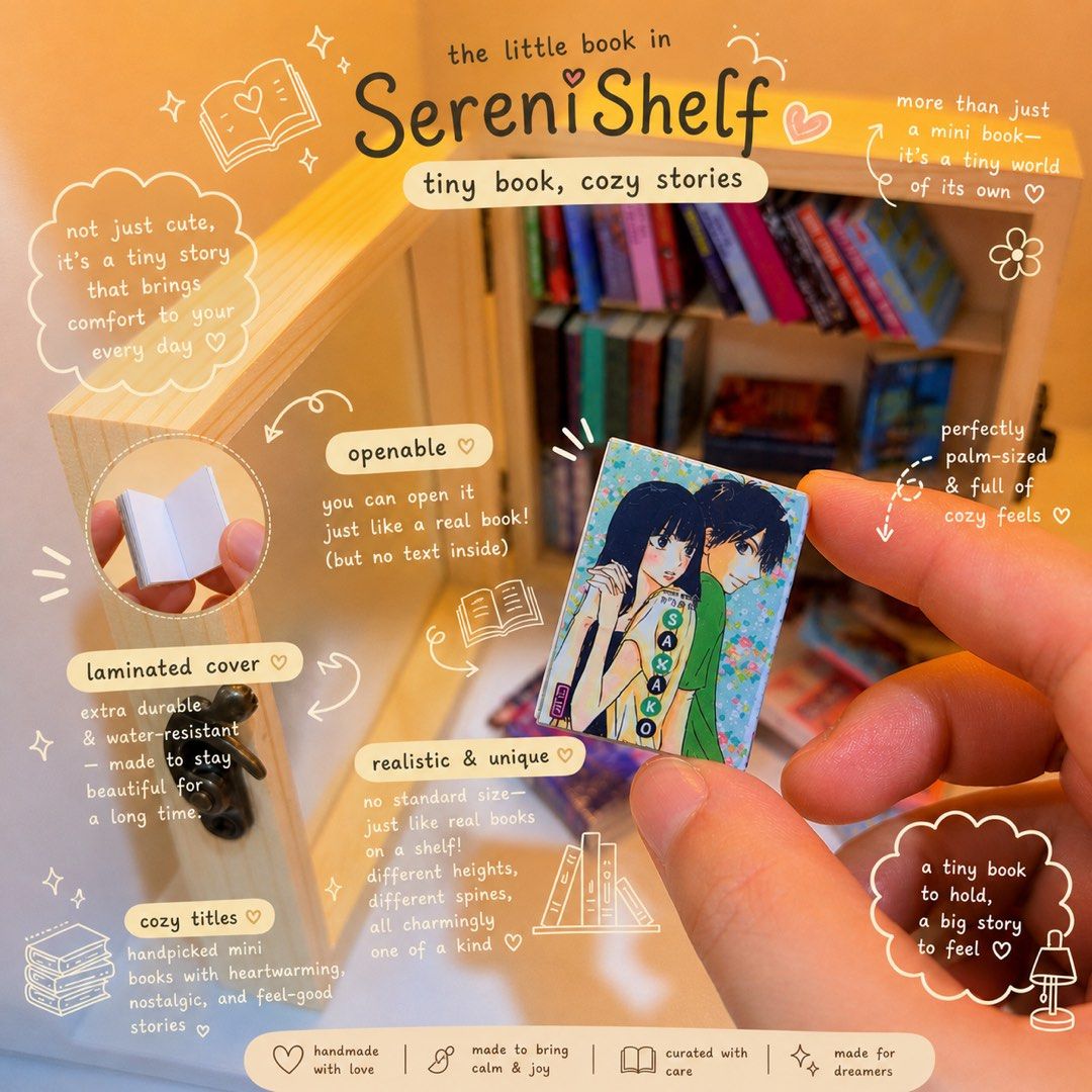 Sereni Shelf Tiny Bookshelf with Mini Books (Category: Storybooks) located in Taguig. Submitted by crelscozynook (Listing ID 1435613189, Image 3). Description: SereniShelf (Anxiety Relief, Fidget Toy / Desk Decor) SereniShelf helps calm the mind by giving your hands something simple, soothing and mindful to do. The act of tidying, arranging, and reshuffling tiny books creates a gentle sense of control and order when your thoughts feel scattered. 
