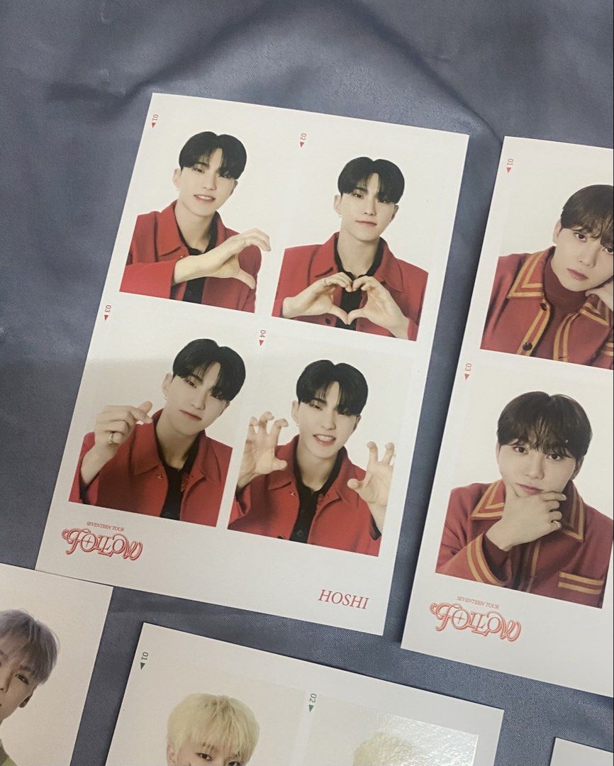 Seventeen Follow Tour 4 Cuts (Category: K-Wave Merchandise) located in Lucena. Submitted by totaldeclutter (Listing ID 1435622188, Image 2). Description: - Official 4 cut photos from Seventeen's Follow Tour. - Featuring Hoshi, Seungkwan, Vernon, Dino, and Jun. - Perfect for Carats! 120 each (minimum of 2) take all for 499 sf is 65 pf is 20 .