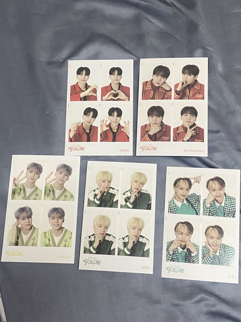 Seventeen Follow Tour 4 Cuts (Category: K-Wave Merchandise) located in Lucena. Submitted by totaldeclutter (Listing ID 1435622188, Image 1). Description: - Official 4 cut photos from Seventeen's Follow Tour. - Featuring Hoshi, Seungkwan, Vernon, Dino, and Jun. - Perfect for Carats! 120 each (minimum of 2) take all for 499 sf is 65 pf is 20 .