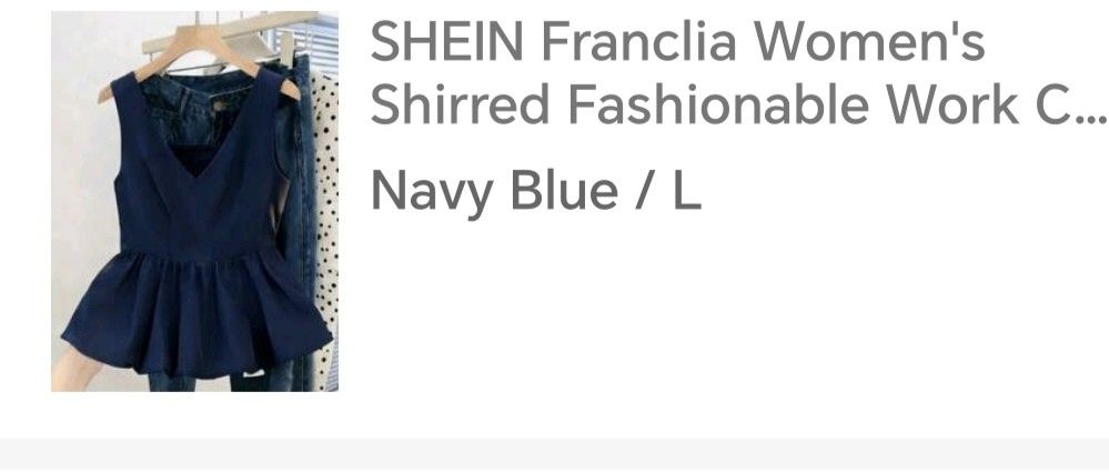 SHEIN Navy Blue Tank Top (Category: Sleeveless) located in Manila. Submitted by declutter_sarah (Listing ID 1435526482, Image 3). Description: Brand new. RFS: too big for me 😭 - Navy blue tank top from SHEIN - Features a V-neck - Flared hem design - Made of woven fabric (100% polyester) - Slim fit - Size: L - Great for casual occasions (beach, vacation) - Care: Machine wash or dry clean.