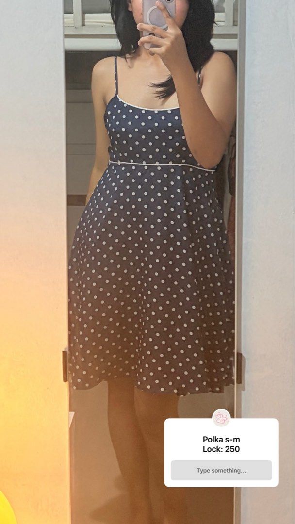 Silk polka navy blue mini dress (Category: Dresses) located in Quezon City. Submitted by airicakes (Listing ID 1435642524, Image 2). Description: Not bnew i thrifted this before.