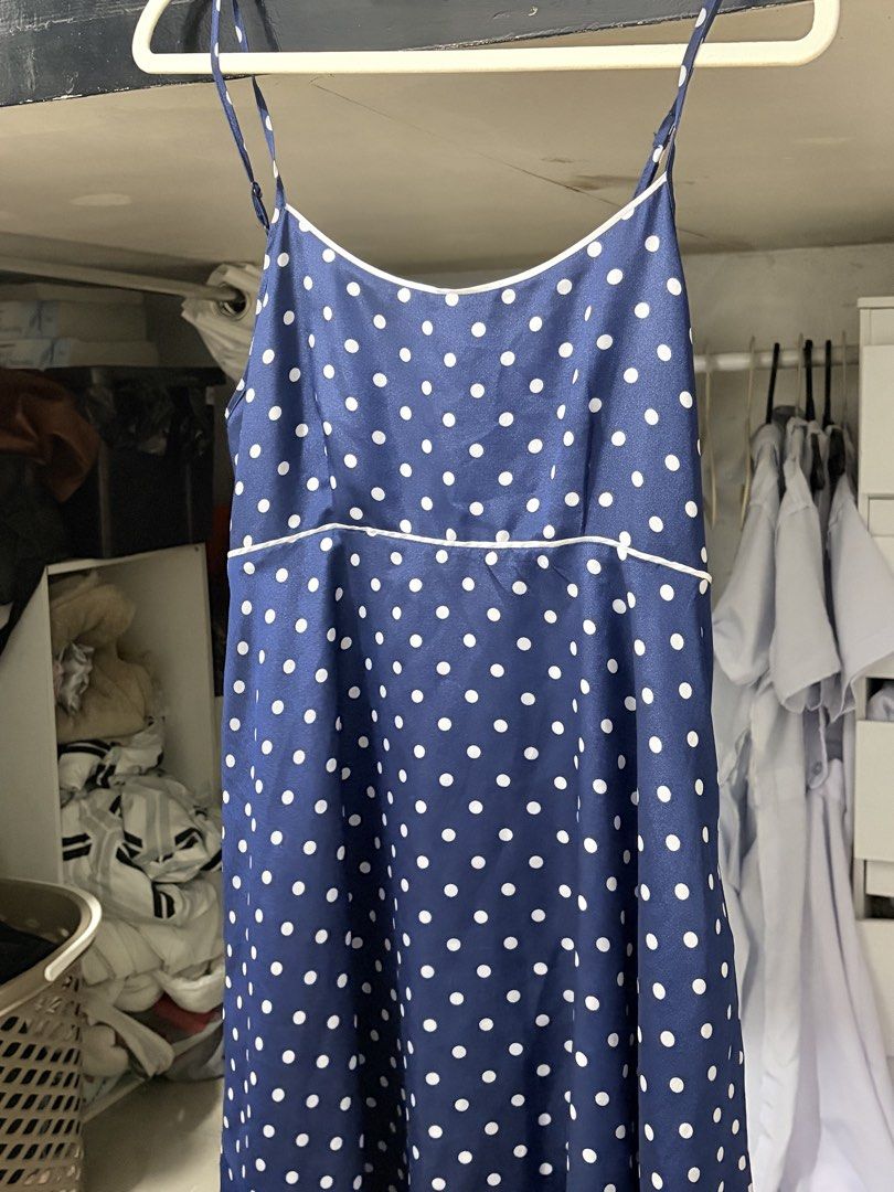 Silk polka navy blue mini dress (Category: Dresses) located in Quezon City. Submitted by airicakes (Listing ID 1435642524, Image 1). Description: Not bnew i thrifted this before.