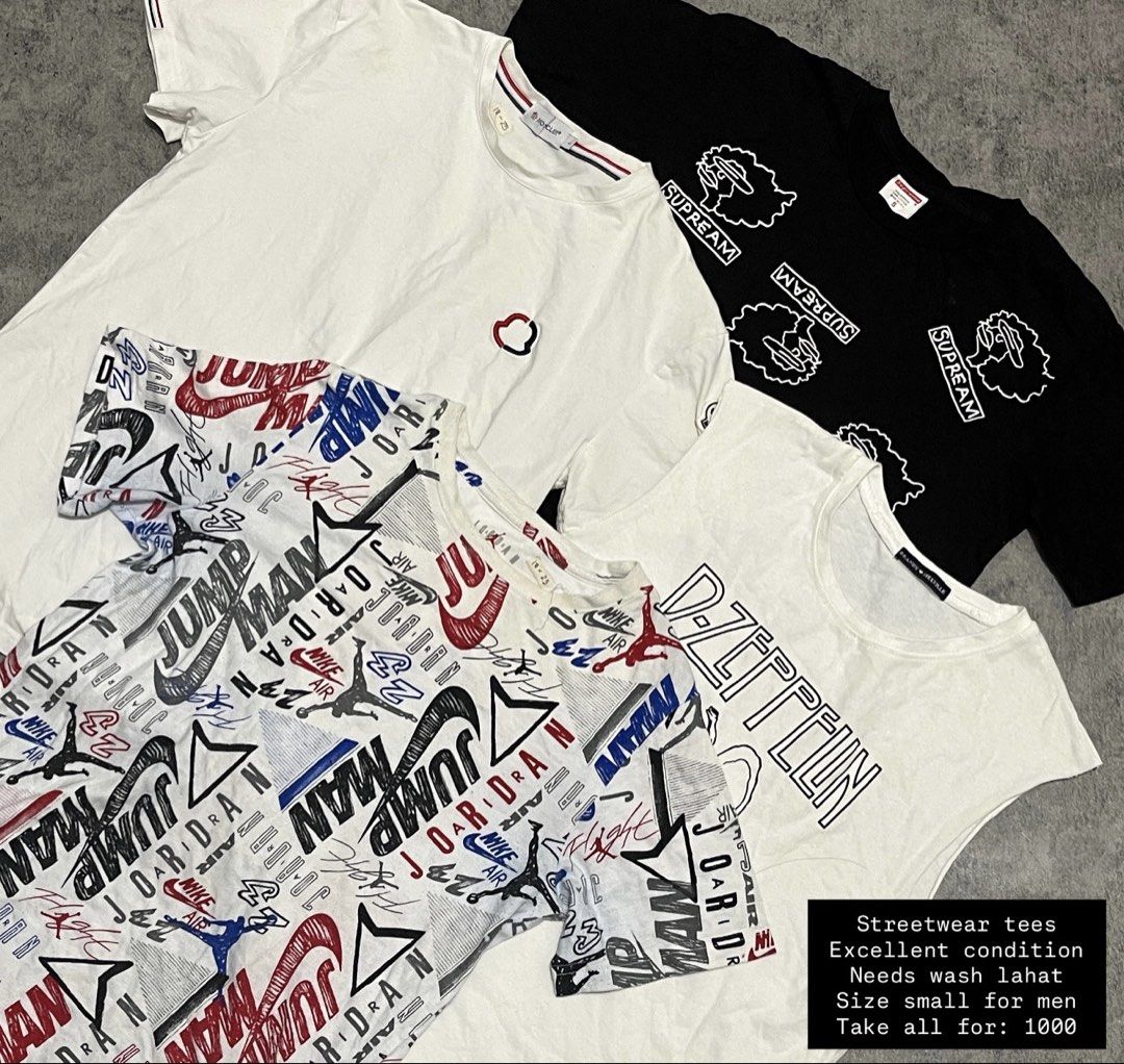 Streetwear Tees - Small Size (Category: Tshirts & Polo Shirts ) located in Sorsogon. Submitted by vanbercs (Listing ID 1435622842, Image 1). Description: - Streetwear tee bundle (Size: Small) - Includes: - Supreme tee - Led Zeppelin tee - Nike Jordan tee - Condition: Needs washing - Price: ₱1000.