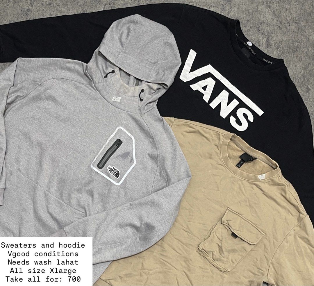 Sweaters and Hoodie Bundle - Vans, North Face (Category: Coats, Jackets and Outerwear) located in Sorsogon. Submitted by vanbercs (Listing ID 1435622769, Image 1). Description: - Bundle includes: - Black Vans sweater (XL) - Grey North Face hoodie (XL) - Tan shirt (XL) - All items size XL. - Needs washing. - Selling as a bundle..