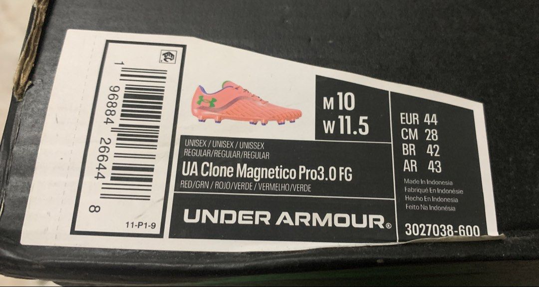Under Armour UA Clone Magnetico Pro3.0 FG (Category: Other Sports Equipment and Supplies) located in Manila. Submitted by tick.gvs (Listing ID 1435691024, Image 1). Description: - Under Armour UA Clone Magnetico Pro3.0 FG football cleats - Unisex - Color: Red/Green (Rojo/Verde/Vermelho/Verde) - Size: M10/W11.5, EUR 44, CM 28, BR 42, AR 43 - Made in Indonesia - Product code: 3027038-600.