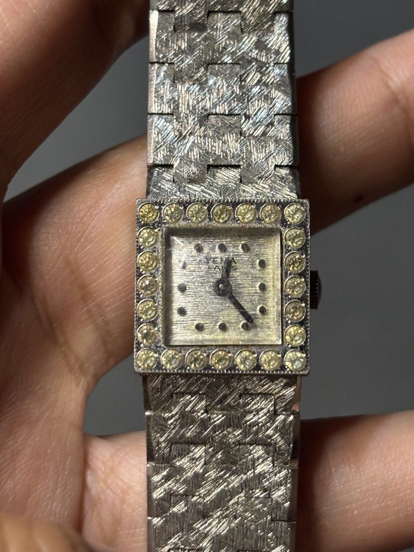 Vintage Yema Paris Bark (Hand-winding) (Category: Luxury Watches) located in Manila. Submitted by soughtafterseconds (Listing ID 1435593555, Image 1). Description: Vintage Yema Paris Bark (Hand-winding) This vintage Yema Paris dress watch is a shimmering time capsule. Featuring a diamond-set bezel and an exquisite “bark” textured bracelet, it’s the definition of 1970s French glamour. A stunning textured “bark” finish integrated bracelet. This cro